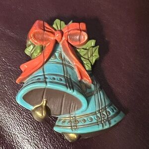 Vintage mid century holiday pin brooch blue bells with red ribbon